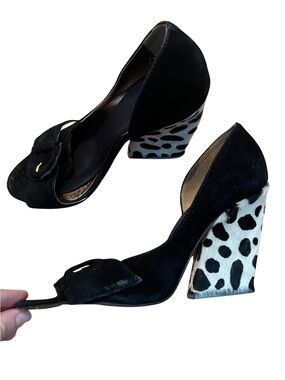 Women's Black Suede Peep-Toe Decorative Buckle and Calf-Skin Block Heel